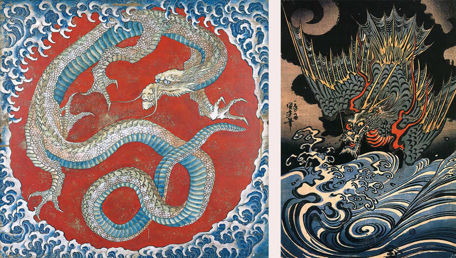 Дракон в изображении Хокусая / Крылатый дракон на гравюре Утагавы Куниёси