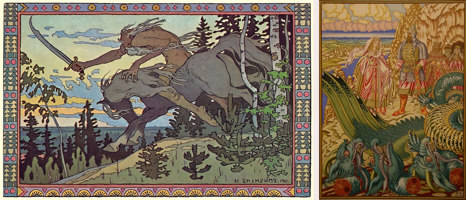 И. Билибин. Иллюстрация к сказке «Марья Моревна». 1901 // И. Билибин. Иллюстрация к русской былине «Поверженный Змей-Горыныч». 1941