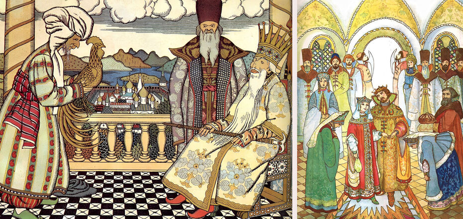 И. Билибин. Иллюстрация к «Сказке о золотом петушке». 1907 // Л. Ионова. Иллюстрация к сказке «Аленький цветочек». 1983