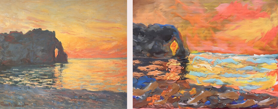 Картина Моне «Этрета, Утёс д’Аваль, Закат» и её копия в технике пластилинографии