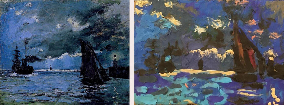 Картина Моне «Морской пейзаж, ночной эффект» и её копия в технике пластилинографии