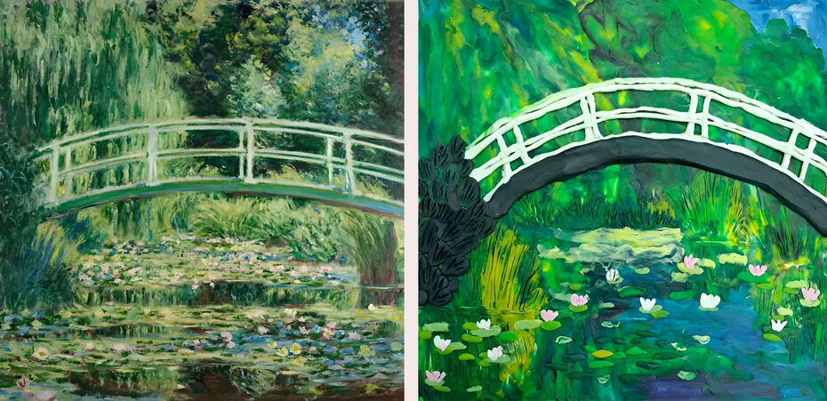 Картина Моне «Водяные лилии и японский мост» и её копия в технике пластилинографии