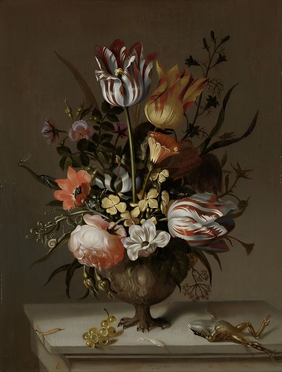 Я. Маррель. Натюрморт с вазой с цветами и мертвой лягушкой. 1634