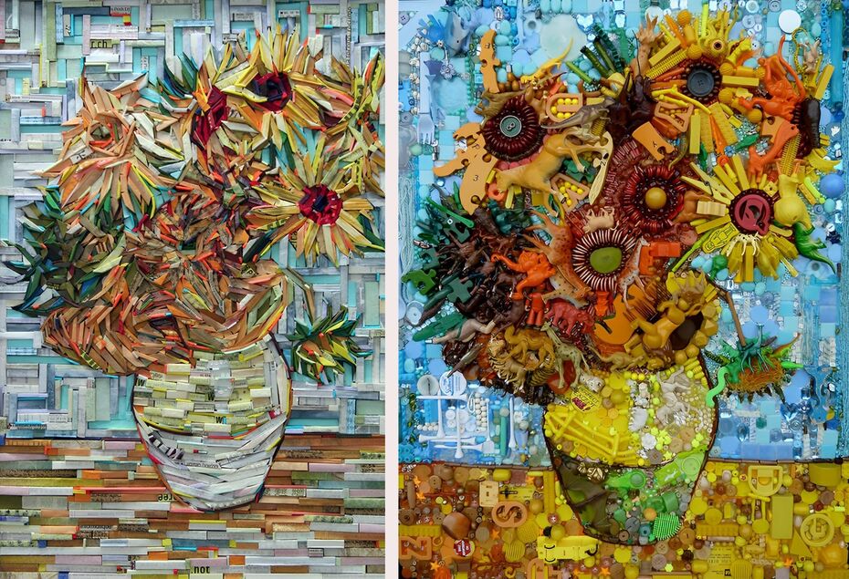 Картина Ван Гога «Подсолнухи» и её копия в технике апсайклинг