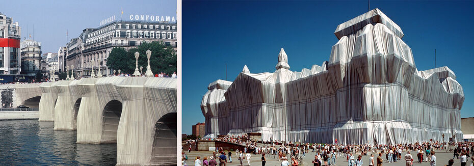 Христо Явашев и Жанна-Клод де Гийебон. Пон-Неф в Париже и Рейхстаг в Берлине