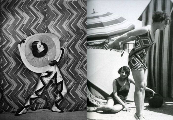 Девушки-модели в костюмах от Сони Делоне