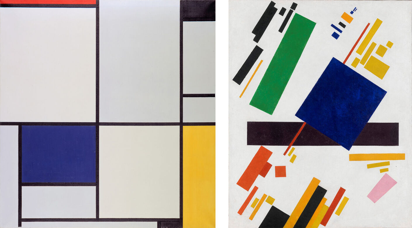 Пит Мондриан. Картина I. 1921 // Казимир Малевич. Супрематическая композиция. 1916